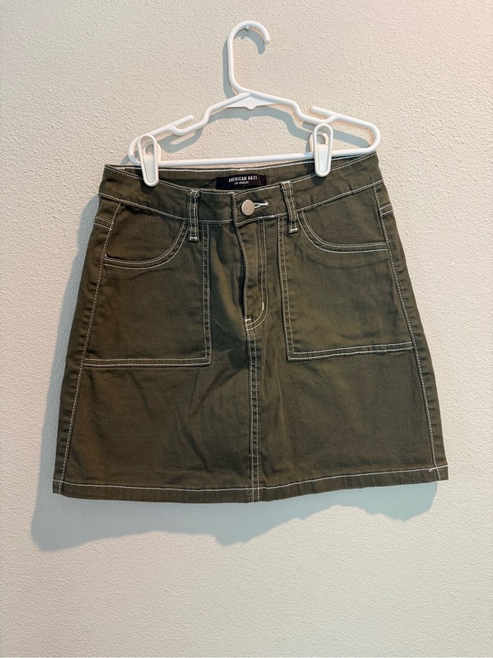 American Bazi Olive Utility Mini Skirt with Contrast Stitching